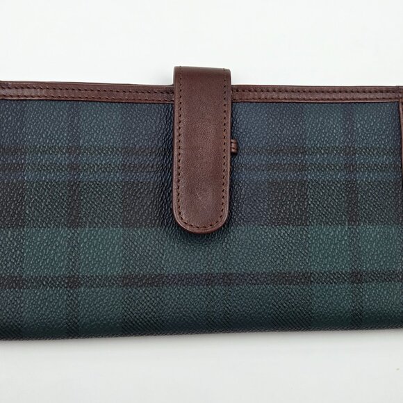 👛💚Polo Ralph Lauren Long Bifold Wallet Blackwatch Tartan Canvas Brown Leather - Picture 3 of 16